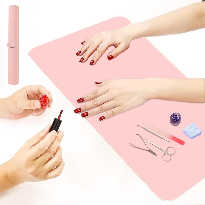 Chiplesier 2 PCS Nail Art Table Mat, Soft Microfiber PU Leather Nail Pad, Foldable Nail Art Rest Pad, Reusable Nail Mat for Table Desk, Acrylic Nail Desk Mat for Nail Cushion (Pink and Pink) - Image 5